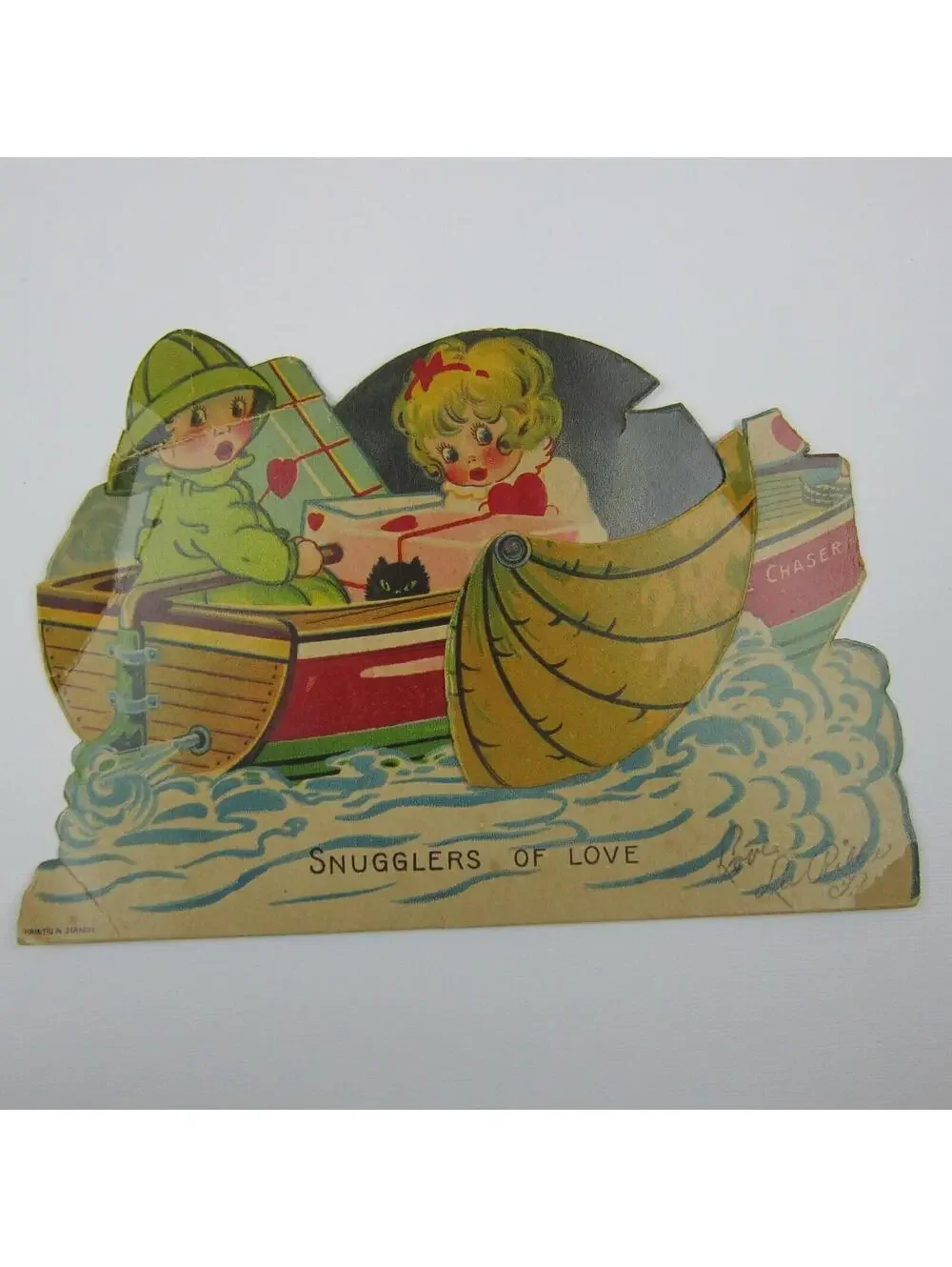 Vintage Valentine Card Mechanical XL Boy & Girl in Boat Canopy Moves 1920s-1930s